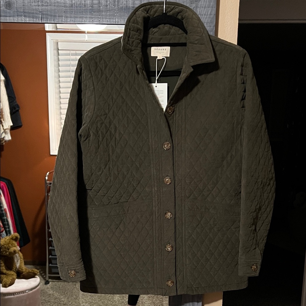 Sezane Green Quilted Utility Jacket